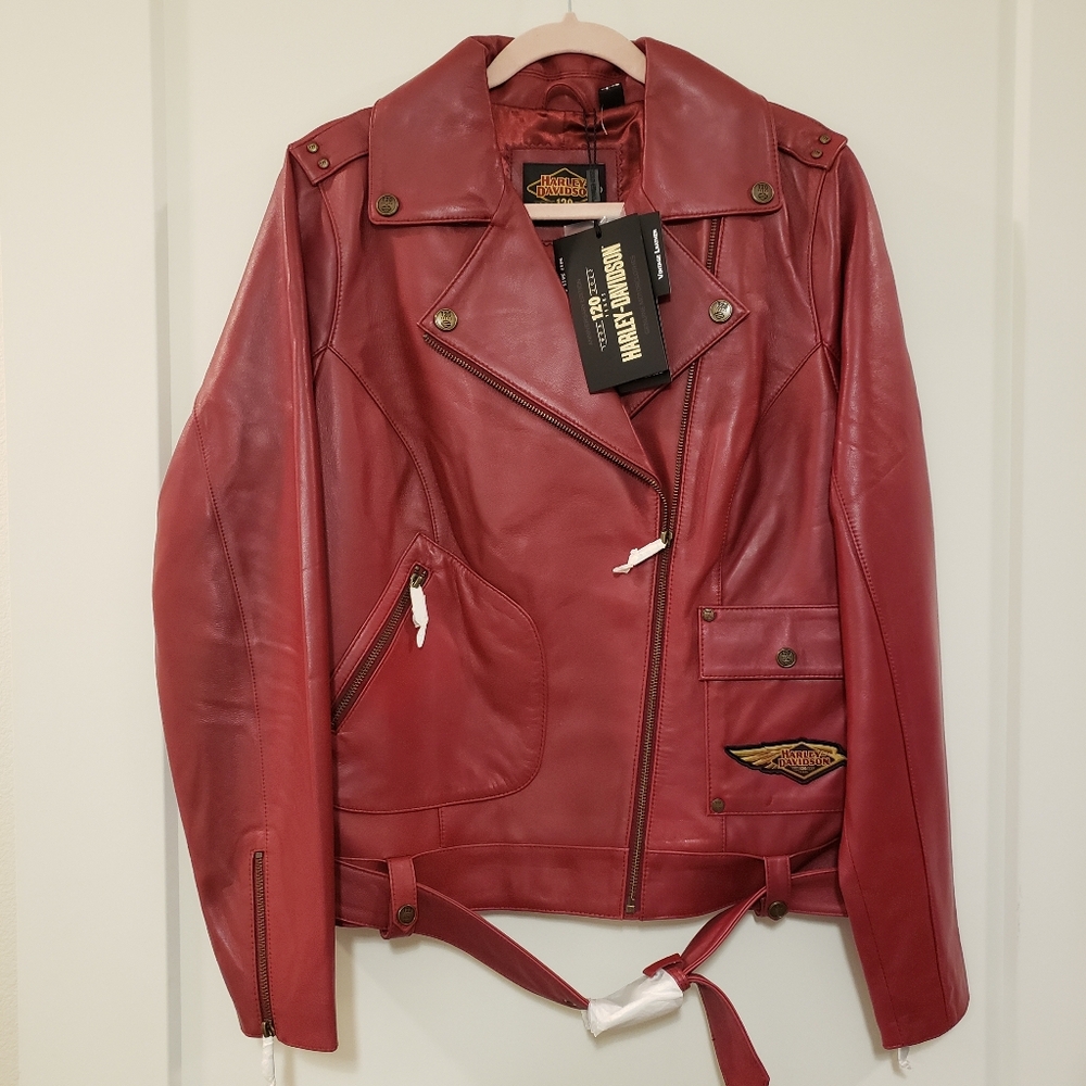 Harley-Davidson Red Leather Jacket Womens Size M-L 120th Anniversary Biker